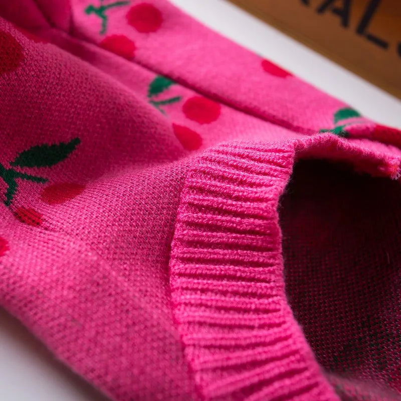 Pet High Collar Sweater Little Dog Christmas Clothes Diamond Grid Embroidered Cherry Sweater Christmas Small Dog Pet Clothes