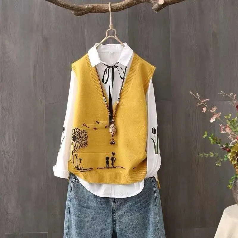 Artistic Knitted Sweater Vest Women's Faionable Yarn Top V-ne Button Detail Regular Length Pure Color Commute Sle
