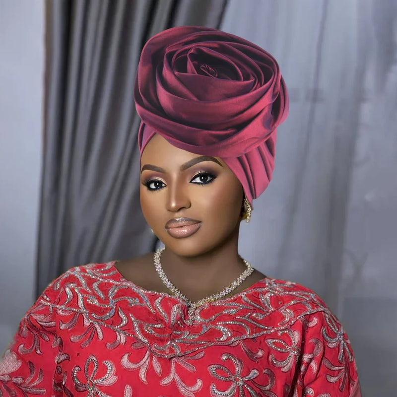 Raw Silk Big Rose Flower African Turban Caps for Women Headwear Head Wraps Nigerian Wedding Geles Party Headgear Bonnet
