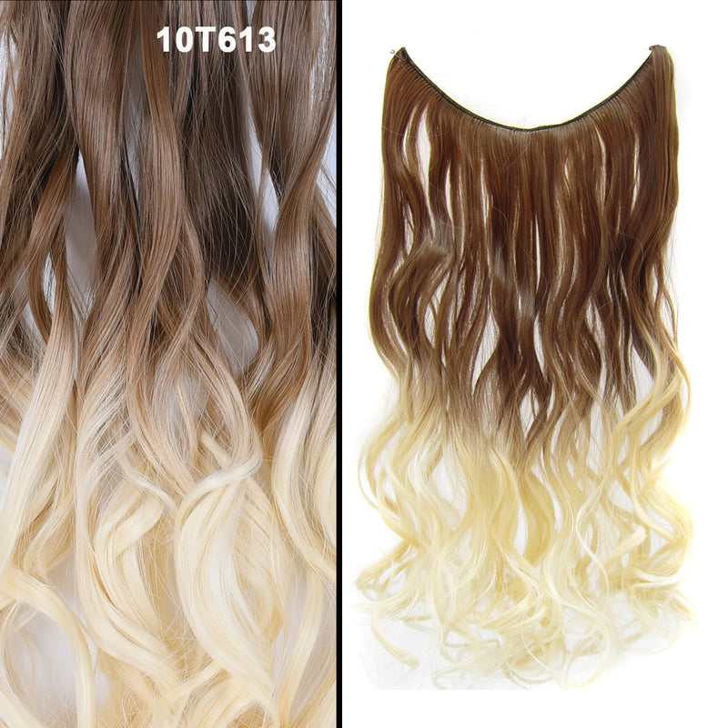 Jeedou One Piece Synthetic Hair Extension No Clips Whit Invisible Line Straight&Wavy Hair Hairpieces Brown Blue Ombre Color