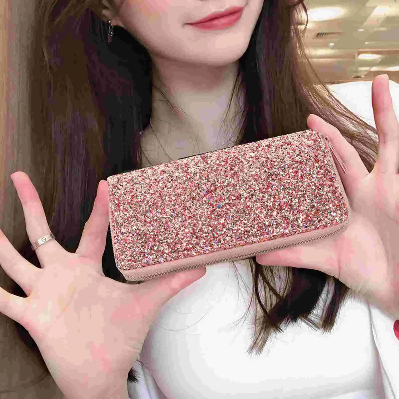 Premium Pu Polyester Glitter Long Wallet Women Zippered Shiny Multi Pocket ganizer Metallic Purse Handbag Storage Case Gift For