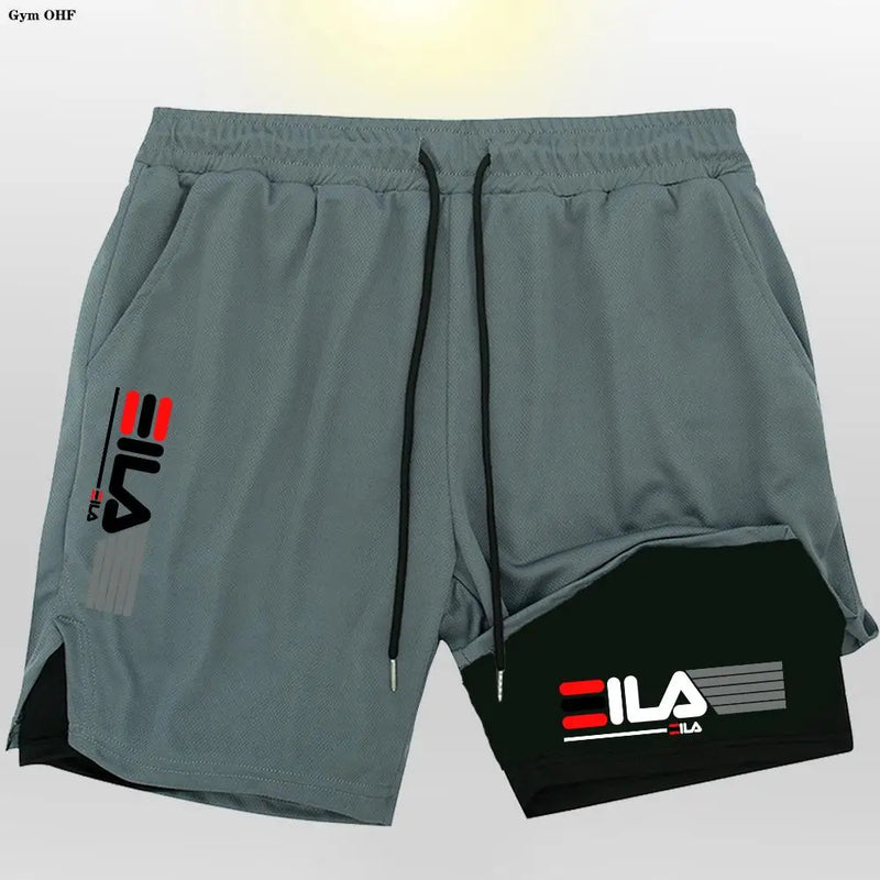 Shorts corrida secagem rápida para homens, esportes de ginástica, ao ar livre, treino, fitness, jogging, calças curtas, 2 em 1, verão