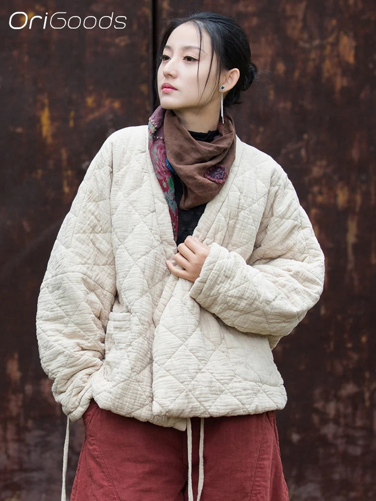 OriGoods Cotton Padded Kimono Jacket Women V-neck Warm Winter Kimono Coat Japanese Style Oversized Quilted Jakcets Woman B280