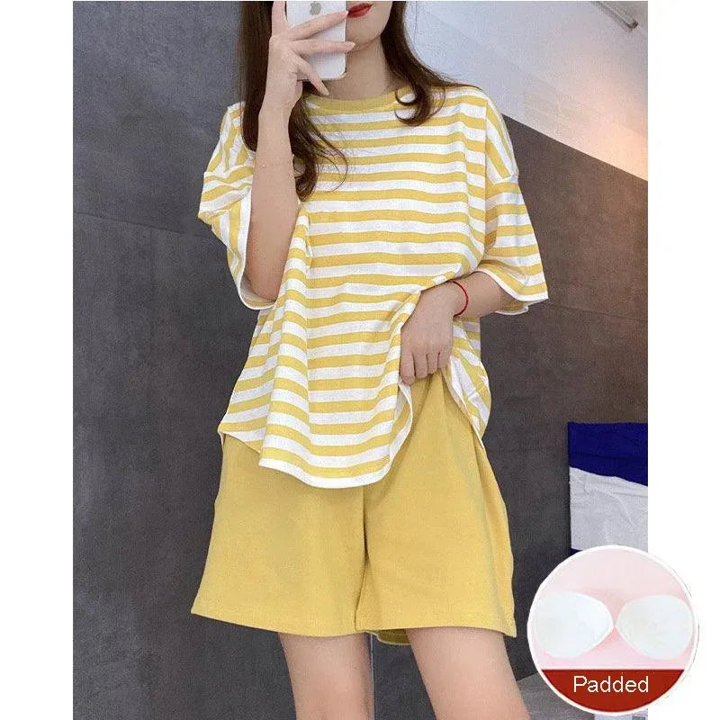 Large Size with Cushion Pajamas Women Summer Loose Striped School Leisure Homewear Two-Piece Set Green Korean Fashion Sleepwear