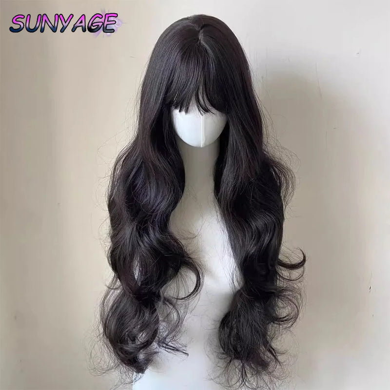 SUNYAGE Lolita Black Wig for Women Long Wavy Hair 75cm Curly Wig with Bangs Cosplay Headband Wigs Synthetic Wigs for Daily Use