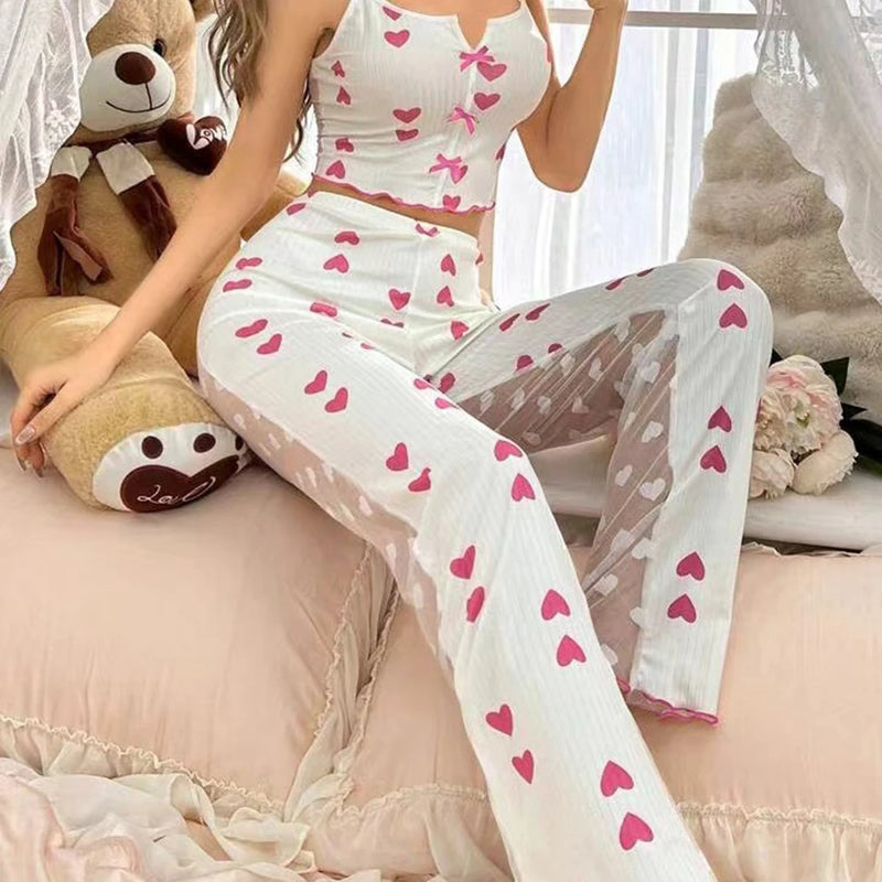 2-Piece Women Sexy Transparent Mesh Lace Set Printed Pants Home Clothes Pajama Female Sexy Comfortable Soft Underwear