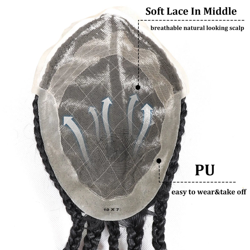 1B Cornrow Box Braided Toupee For Men Human HairPiece Breathable Lace With PU Replacement System Hair Prosthesis Units Patch Wig