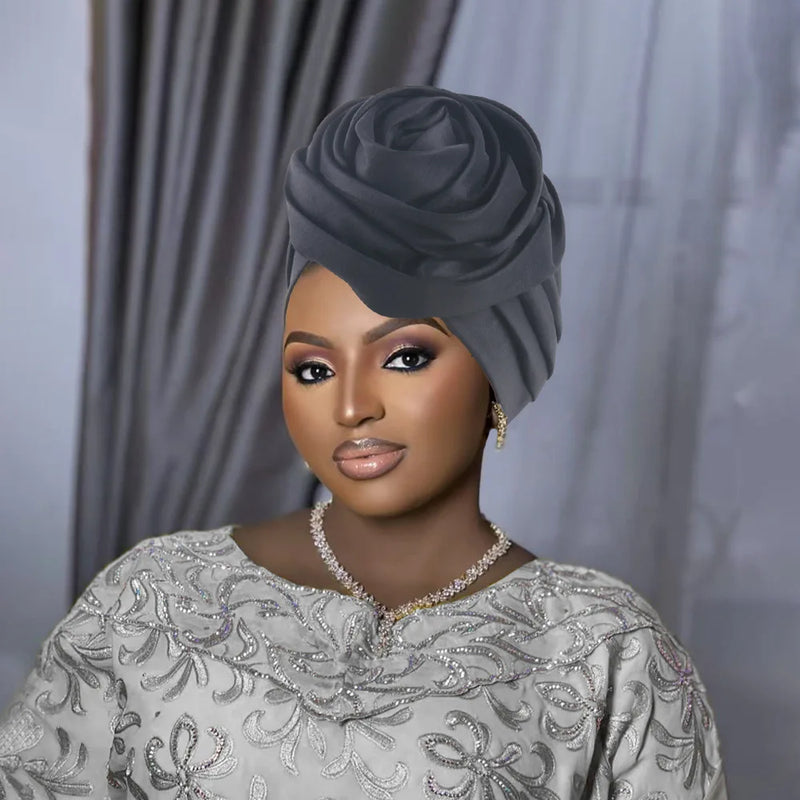 Raw Silk Big Rose Flower African Turban Caps for Women Headwear Head Wraps Nigerian Wedding Geles Party Headgear Bonnet