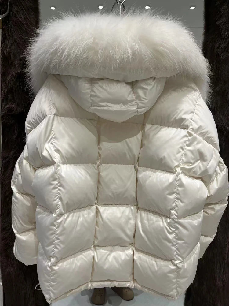 OFTBUY Thick Warm White Duck Down Coat Waterproof Parka 2025 New Oversized Raccoon Fur Collar Winter Puffer Hooded Jacket Women