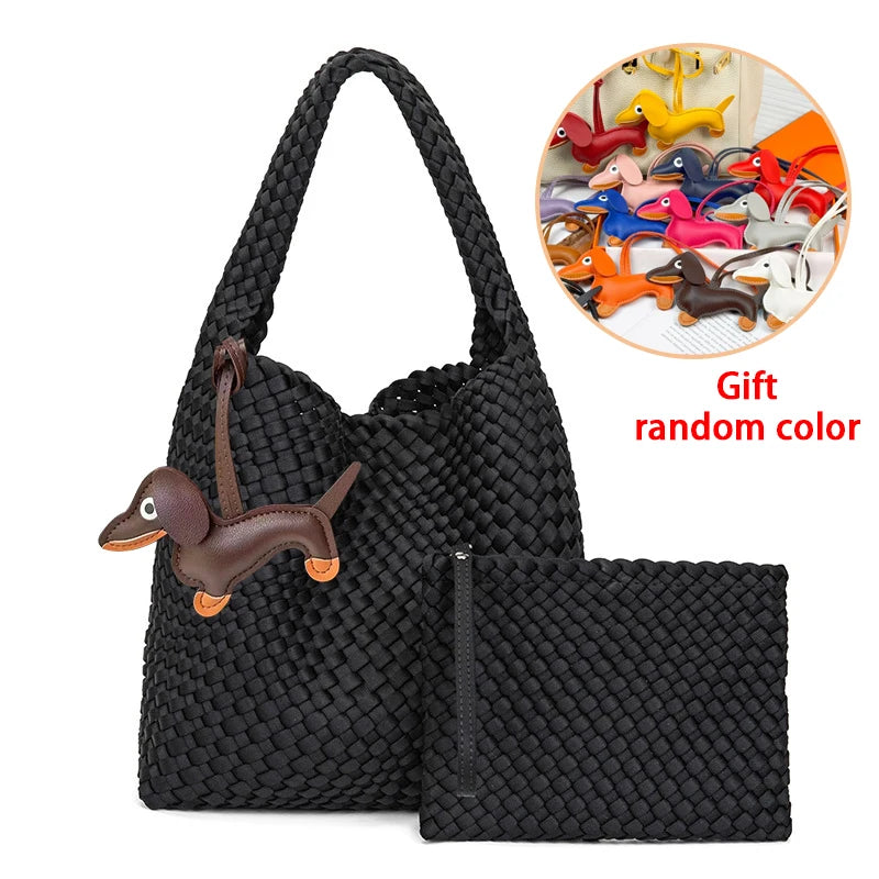 High Quality Handmade Woven Bags Ladies Neoprene Top-handle Shoulder Bag Travel Shopper Hobo Tote Bag with Purses for Women