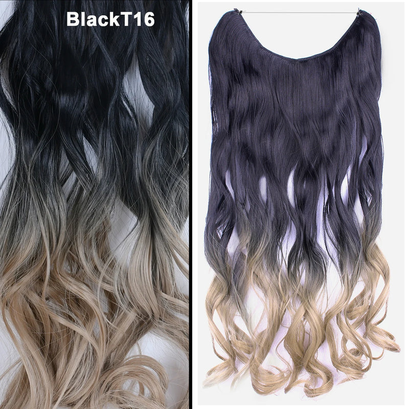 Jeedou One Piece Synthetic Hair Extension No Clips Whit Invisible Line Straight&Wavy Hair Hairpieces Brown Blue Ombre Color
