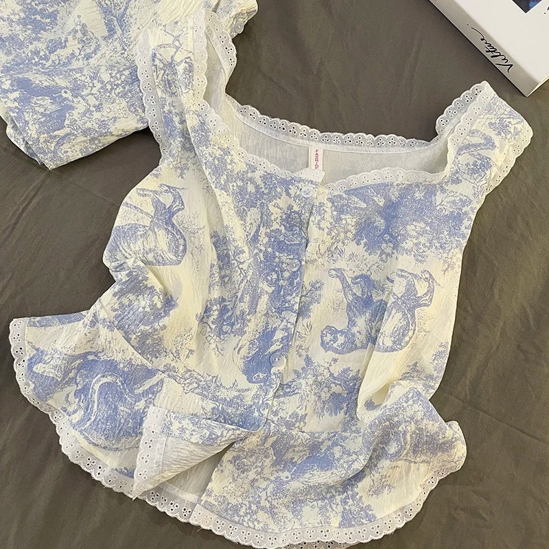 Summer Svel Women's Spwear Set Home Clothes Small Lace Trim Top And orts Outfit Lightweight Cloud Cotton Nightgown