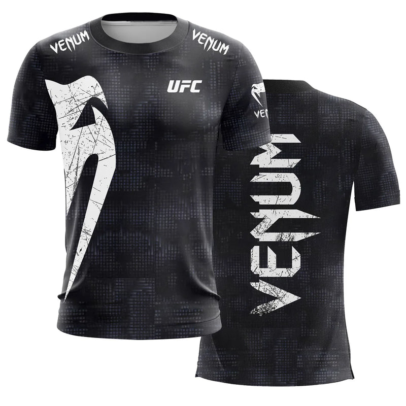 Camiseta masculina moderna UFC preta e branca verão casual gola redonda manga curta estampa 3D top para boxe treinamento fitness