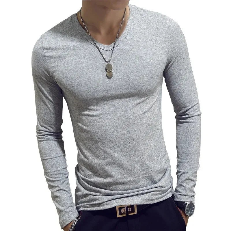 2023 Men's Long Sleeve T-shirts Loose-Fit Solid Color V-Neck Base Layer Top Thin Style Autumn Clothing