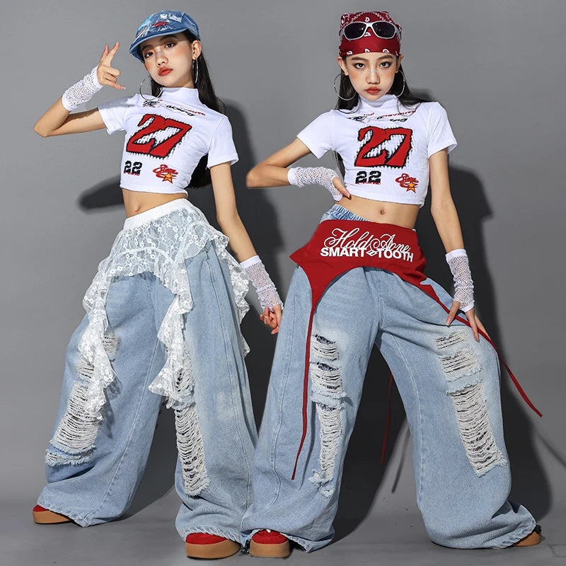 Children Jazz Dance Clothing Girls Kpop Outfit White Crop Top Denim Baggy Pants Fashion Hip Hop Costume Street Dance Wear 2485