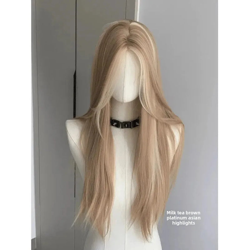 Asian Women's Gradient Highlighted Straight Hair Wig Front Lace American Retro Style Dyeing Chic Golden Brown Middle Part