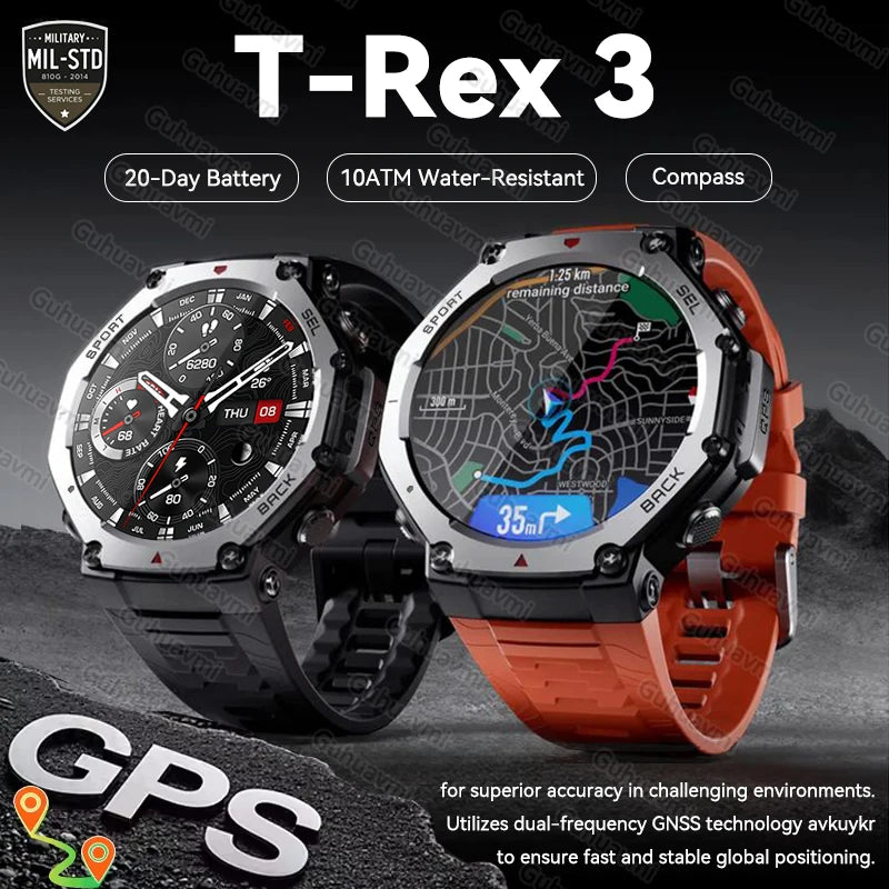 Novo t-rex 3 banda dupla gps militar relógio inteligente 48mm 10atm resistente à água 500mah bateria bússola altímetro smartwatch para huawei