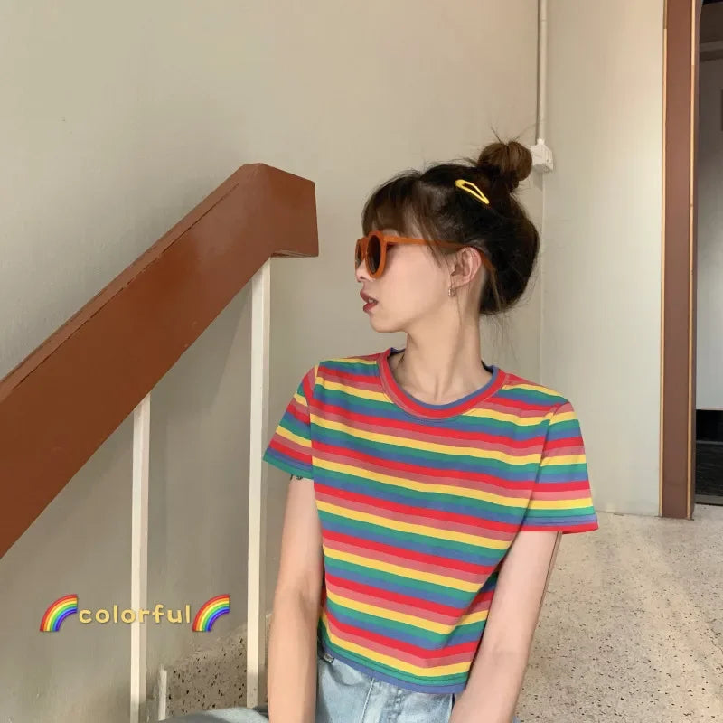 2024 New Summer Cropped Short Sleeve T-Shirt Women's Trendy Loose Fit Rainbow Stripe Crew Neck T-Shirt CECLAW
