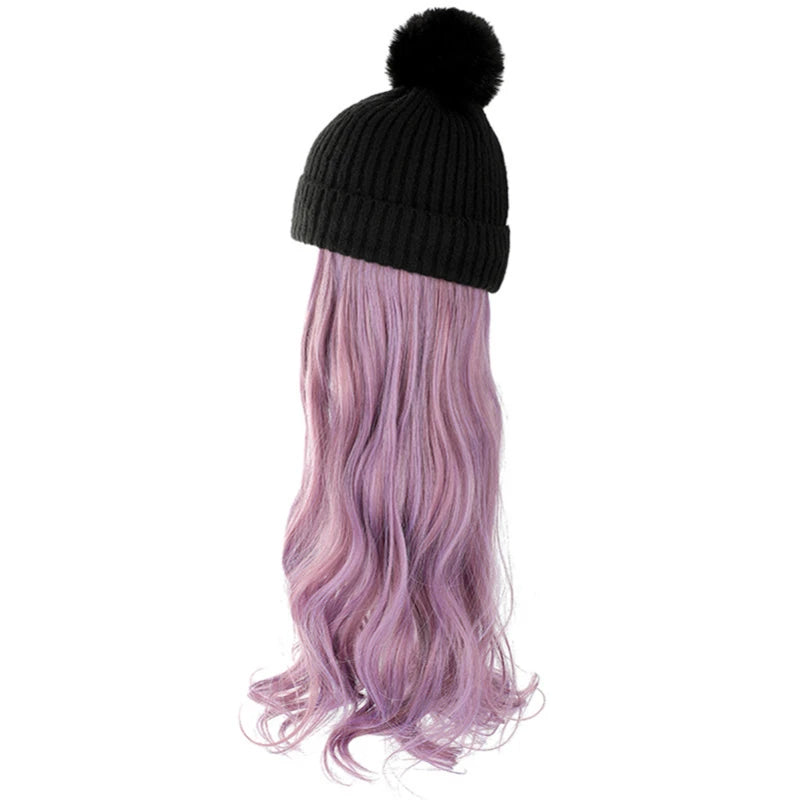 Fashion Hat Wig Brimless Cap with Long Curly Wave Hair Extensions Knitted Synthetic Removable Hairs Piece for Women Winter Use