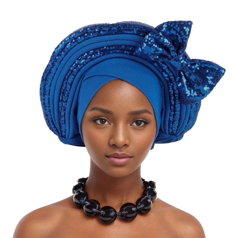 Lantejoulas Bowknot Headtie Africano, Nigeriano Auto Gele Envoltórios Cabeça das Mulheres, Já Feito Boné de Turbante, Casamento Geles Festa Capacete