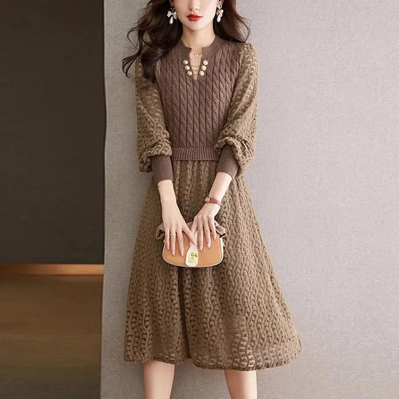 Fake Two Pieces Knitted Patchwork Midi Dress Female Clothing A-Line Waist Spring Autumn Commute Stylish Lace Hollow Out Dresses