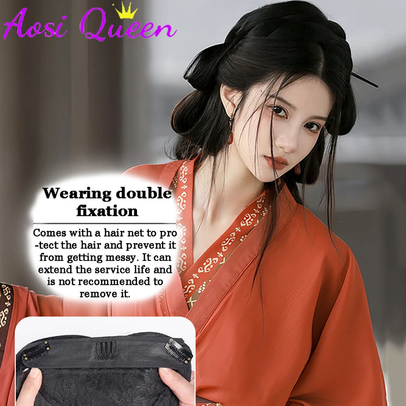 AOSI Synthetic Wei And Jin Style Warring States Robe Hanfu Wig Package Integrated Bun Back Pressed Back Hair Ancient Style