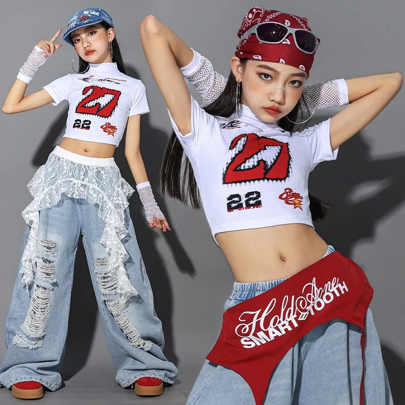 Children Jazz Dance Clothing Girls Kpop Outfit White Crop Top Denim Baggy Pants Fashion Hip Hop Costume Street Dance Wear 2485