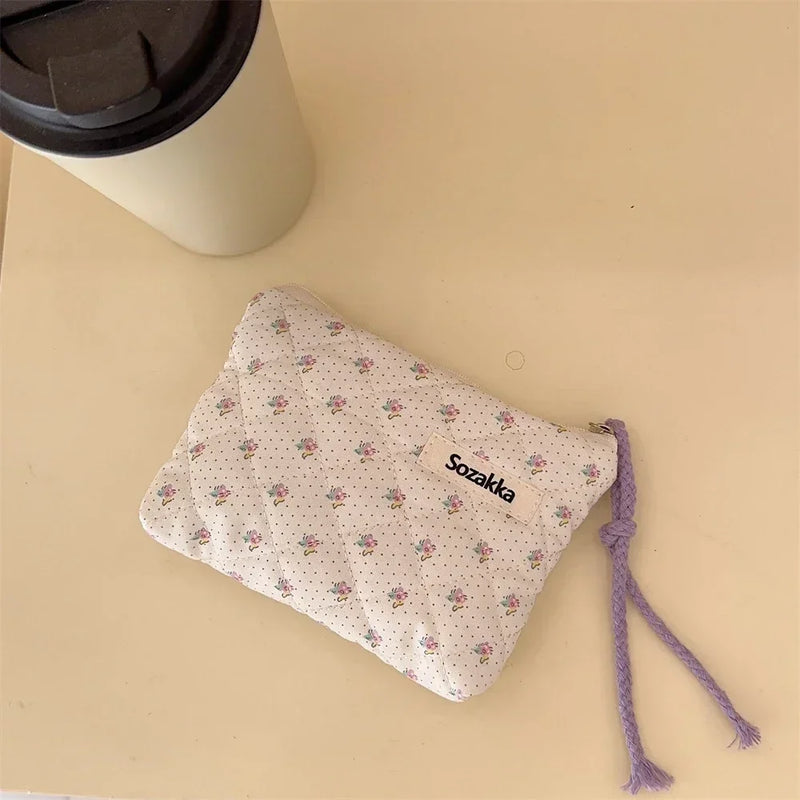 Cartoon Flower Square Cosmetic Bag Women Portable Earphones Lipstick Sanitary Napkins Storage Pouch Small Makeup Zipper Bags