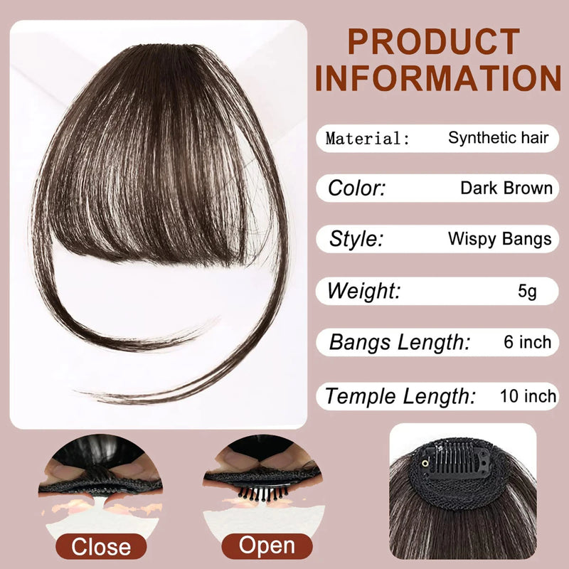 Clip In Bangs Brown Fake Bangs Extensions Wispy Clip on Air Bangs for Women Fringe with Temples Hairpieces Curved Bangs