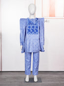 H & d novas roupas de tradição africana para crianças meninos azul manga longa topos bordado dashiki robe camisa calça criança conjunto 3 peças 2024