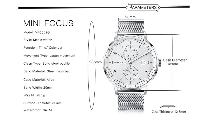 Mini foco luxo à prova dwaterproof água relógios masculinos calendário janela prata negócios relógio de quartzo pulseira aço inoxidável mãos luminosas 0052