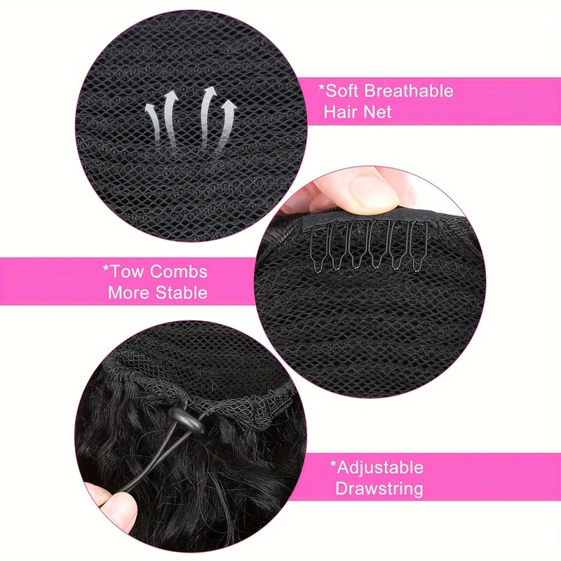 Extensões encaracolados perversos do rabo de cavalo do cabelo humano para mulheres, cordão, grampo-dentro