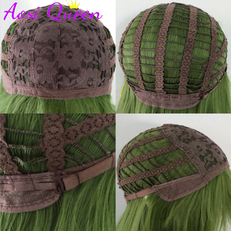 AOSI  20 Inch Fruit Green Long Straight Hair With Bangs Synthetic Heat-resistant Long Straight Hair Cos Wig