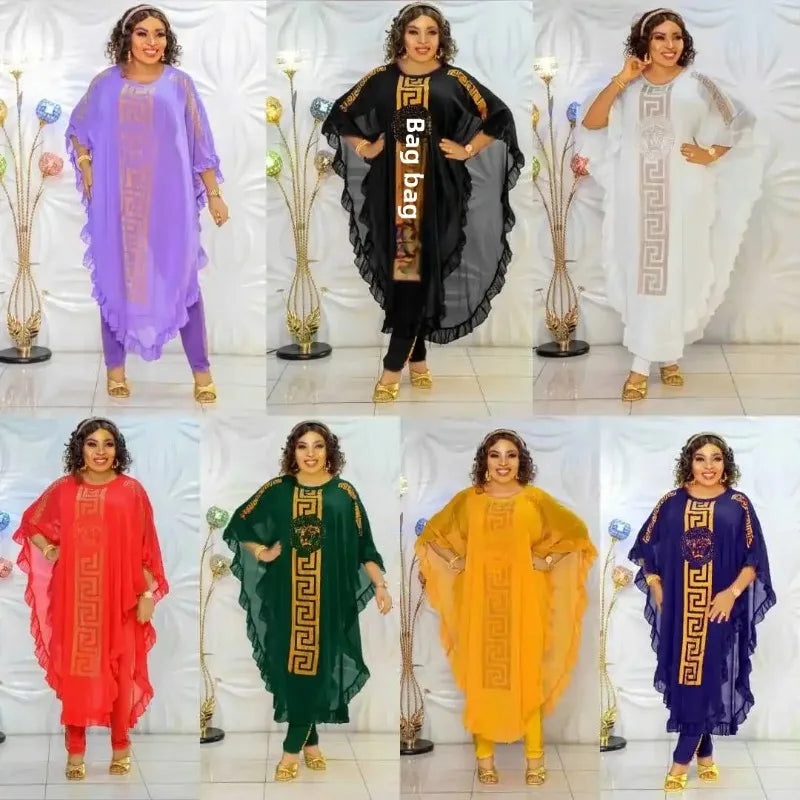 African Plus Size Chiffon Medium-Length Three-Piece Suit Ultra-Fine Fiber Five-Sleeve Fly Sleeve Chiffon Skirt Set