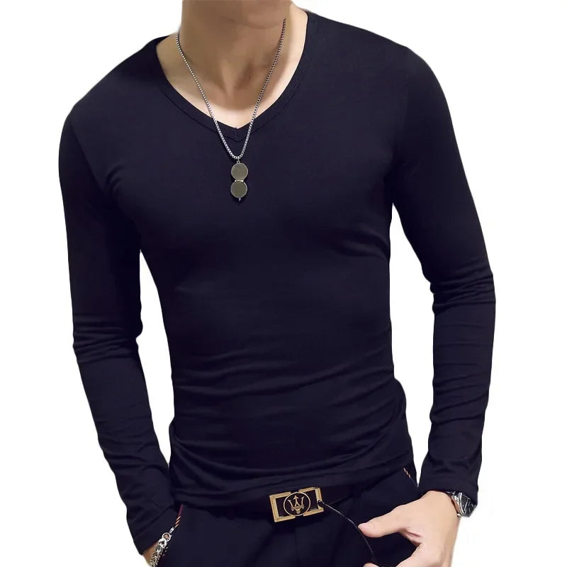 2023 Men's Long Sleeve T-shirts Loose-Fit Solid Color V-Neck Base Layer Top Thin Style Autumn Clothing