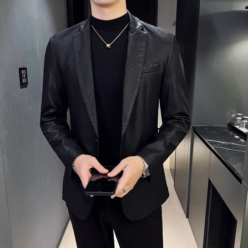 Male Fashion Business Fashion Men's Casual Leather Dress Suit Coat Casual Pu Blazers Jacket Casual Blazer Jackets Man Outerwear