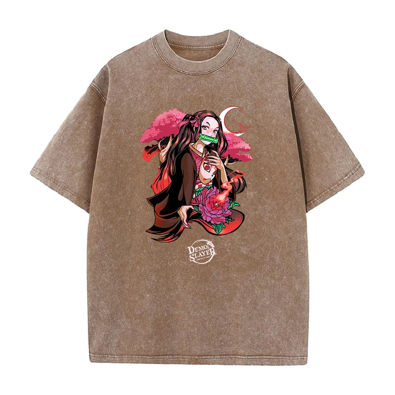Anime Demon Slayer Agatsuma Zenitsu Graphic Print T Shirt Men Vintage Casual T-shirts Washed Cotton Tshirt Harajuku Male Tops