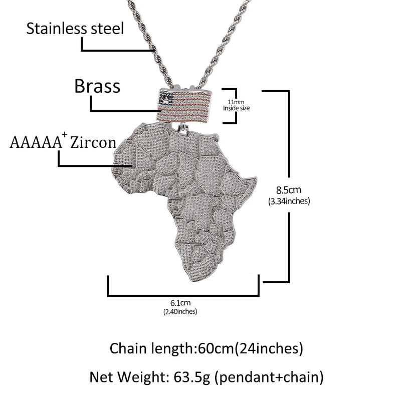 THE BLING KING Large Africa Map Shaped Pendant Necklace With America Flag Bail Full Iced Out Cubic Zirconia Rock Hip Hop Jewelry