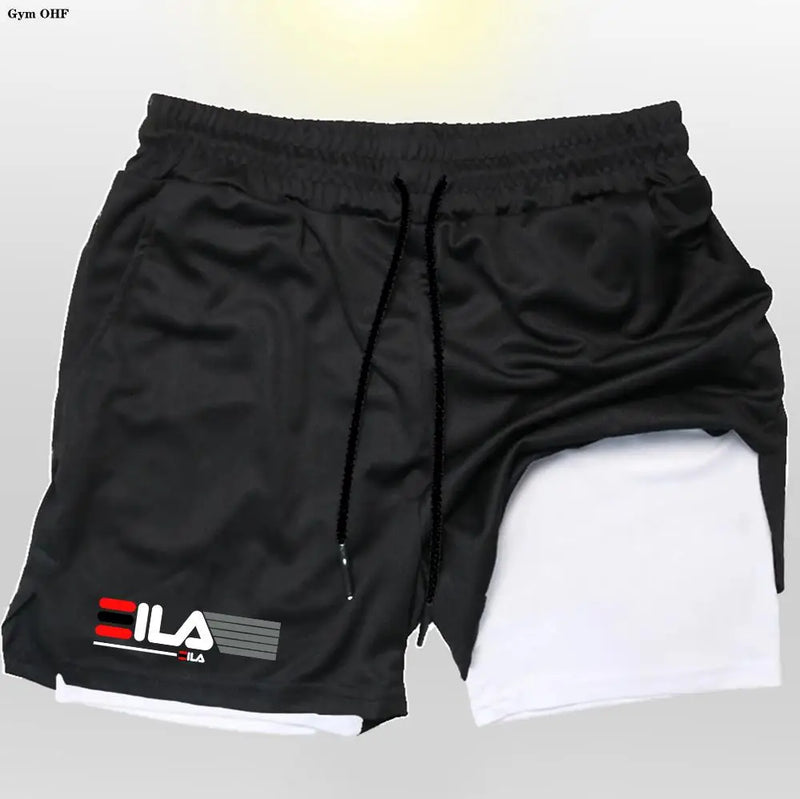 Shorts corrida secagem rápida para homens, esportes de ginástica, ao ar livre, treino, fitness, jogging, calças curtas, 2 em 1, verão