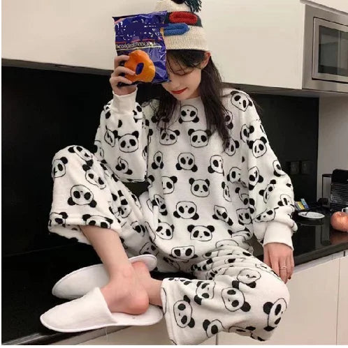 Autumn Winter Women Thicken Coral fleece pajamas set sleepwear Cartoon sweet Long sleeve Home service suit Female WHX01