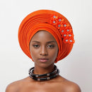 Vermelho Multi-Layered chapéu de turbante, Africano Fan Shaped cabeça Wraps, Headwear plissado com Cristal, Nigéria Headtie, Auto Gele, Casamento