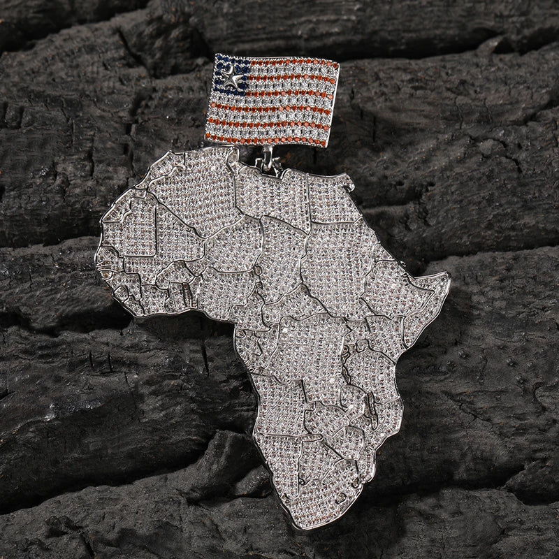 THE BLING KING Large Africa Map Shaped Pendant Necklace With America Flag Bail Full Iced Out Cubic Zirconia Rock Hip Hop Jewelry