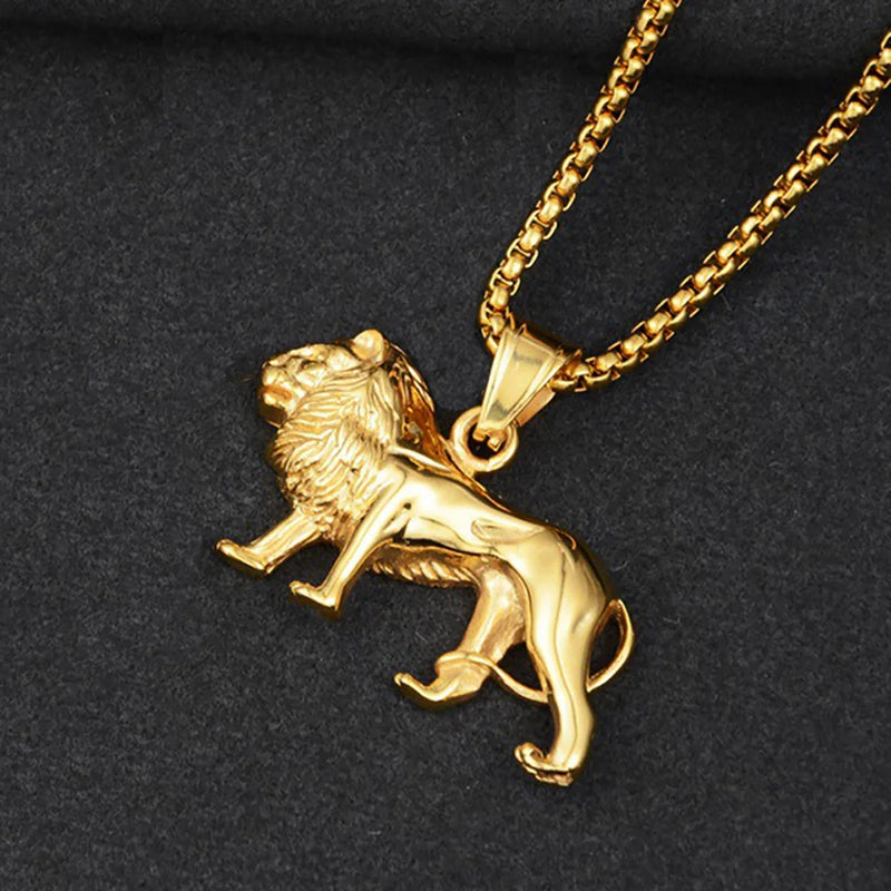 Punk South African Animal King Lion Pendant Gold Color Stainless Steel Chain Necklace for Women Men Africa Jewelry Male Gift