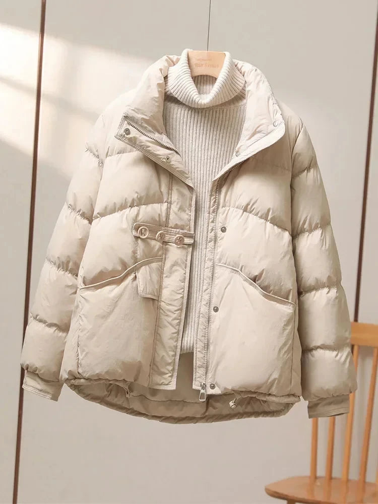 2024 New Winter Standing Neck Loose White Duck Down Warm Jacket Women Buttons Solid Color Warm Casual Fashion Puffer Bread Coat