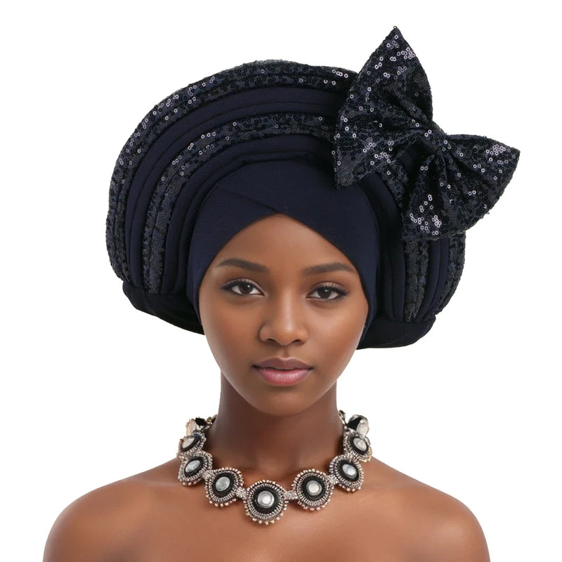 Lantejoulas Bowknot Headtie Africano, Nigeriano Auto Gele Envoltórios Cabeça das Mulheres, Já Feito Boné de Turbante, Casamento Geles Festa Capacete