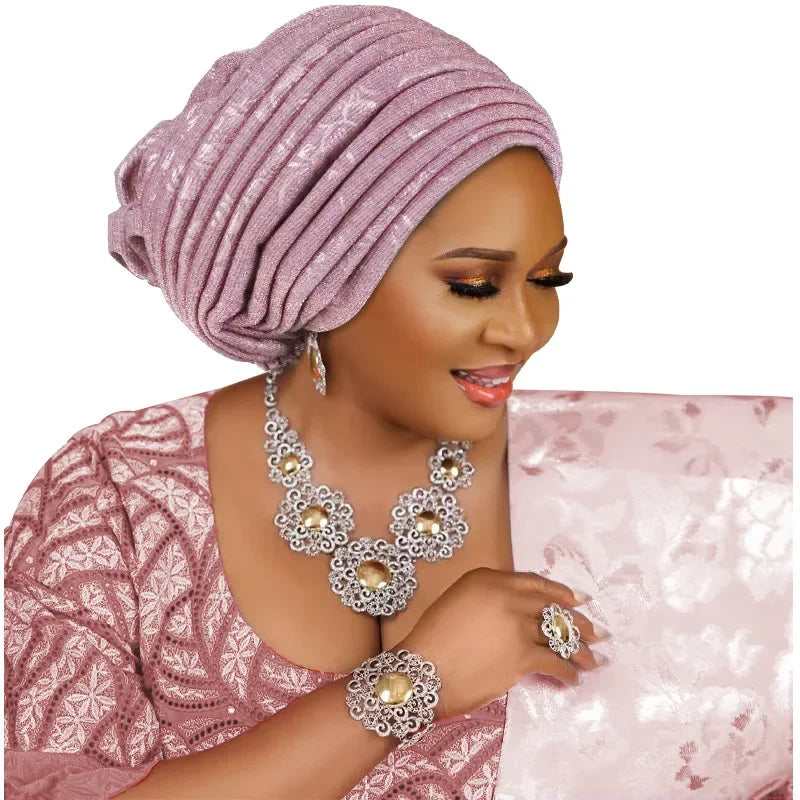 African Lady Headpiece Muslim Headscarf Hat Glitter Fabric Turban Cap for Women Pleated Head Wraps Bonnet