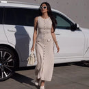 Taruxy elegante sem mangas único breasted com nervuras malhas vestido longo para mulheres cintura alta bodycon malha vestido de bolso falso novo