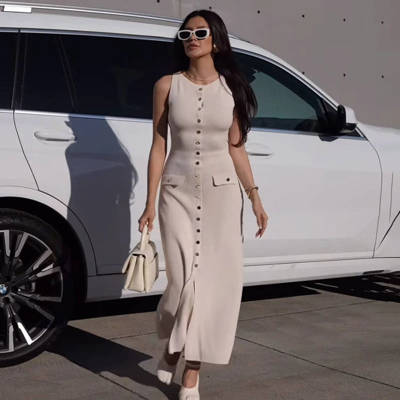 Taruxy elegante sem mangas único breasted com nervuras malhas vestido longo para mulheres cintura alta bodycon malha vestido de bolso falso novo