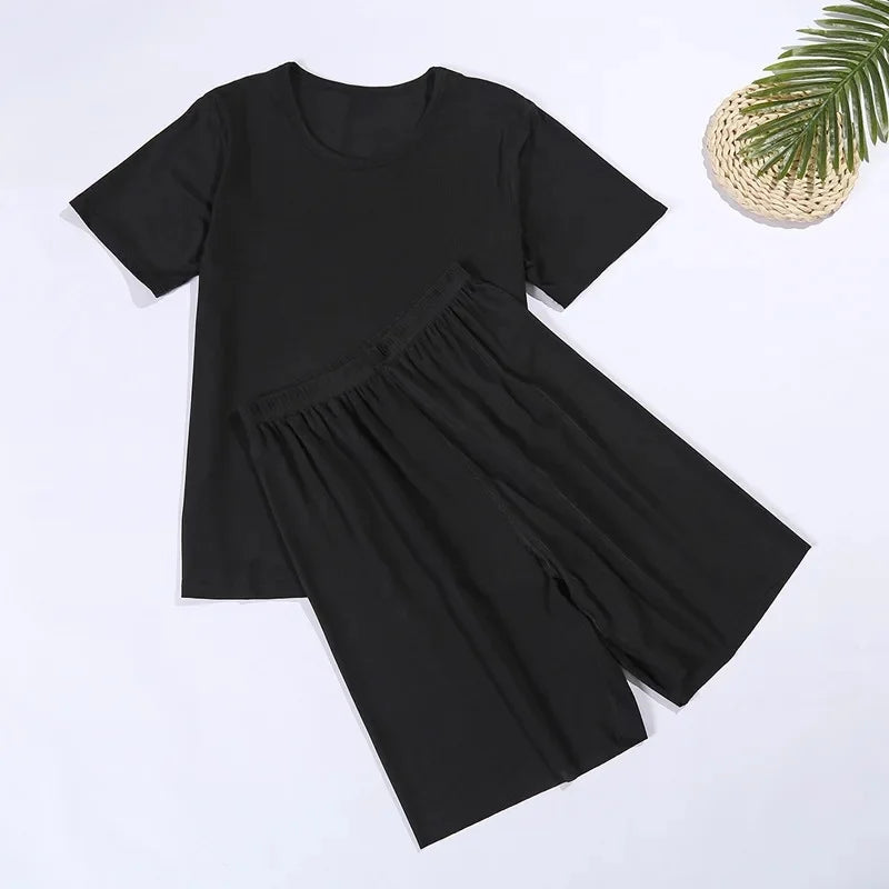 Summer Lightweight Loose Casual Short Sleeve T-Shirt Five-Point Pants Sleepwear Set for Men And Women Home Comfortable Pyjamas