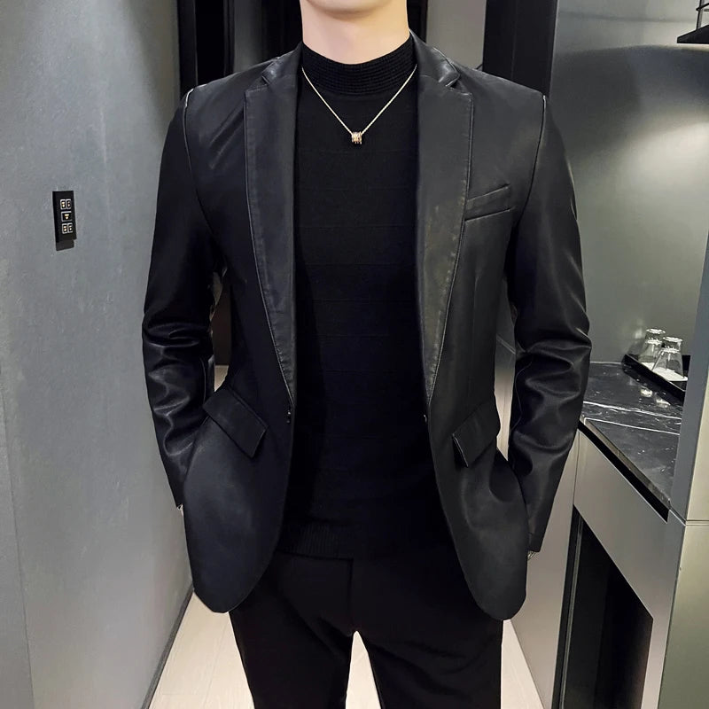 Male Fashion Business Fashion Men's Casual Leather Dress Suit Coat Casual Pu Blazers Jacket Casual Blazer Jackets Man Outerwear